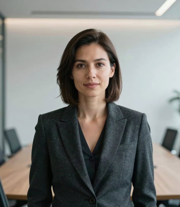 A professional portrait of a female financial executive in a modern European office. She is wearing a dark charcoal blazer. Behind her, a blurred view of a bright, light silver minimalist meeting room. Soft, natural lighting creates a trustworthy and intelligent atmosphere.