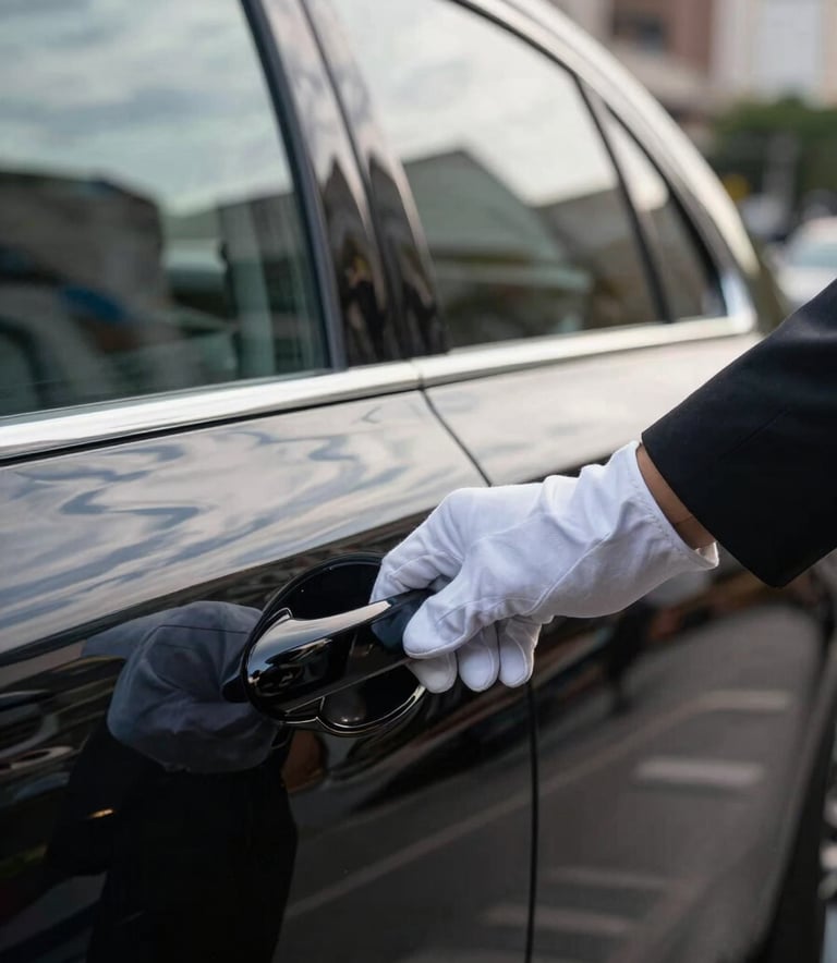 A close-up shot of a gloved hand opening the polished black door of a luxury executive sedan in a high-end district of a South American city. Soft white and dusty blue reflections on the car's surface, professional and sophisticated atmosphere.