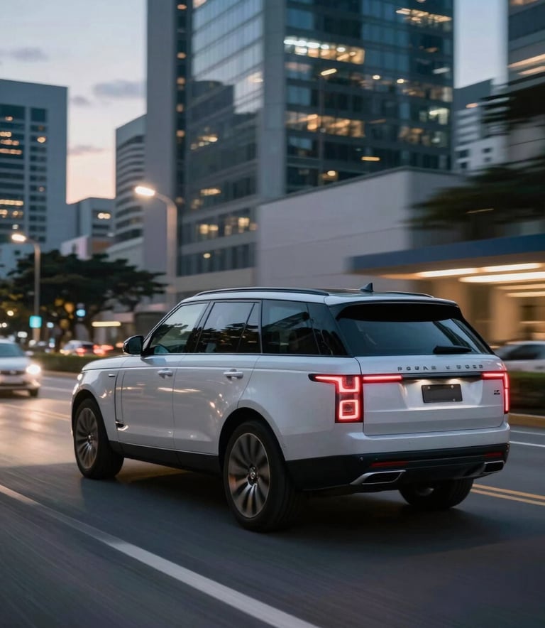 A side view of a sleek luxury executive SUV driving through a clean, modern Brazilian corporate avenue at dusk. The city lights create soft white and blue streaks, conveying efficiency and comfort.