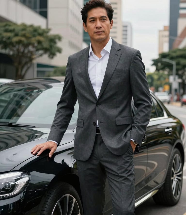 A professional South American driver in a tailored dark grey suit standing beside a polished black luxury sedan in a modern urban Brazilian business district. Natural soft daylight, professional composition, emphasizing trust and premium service.