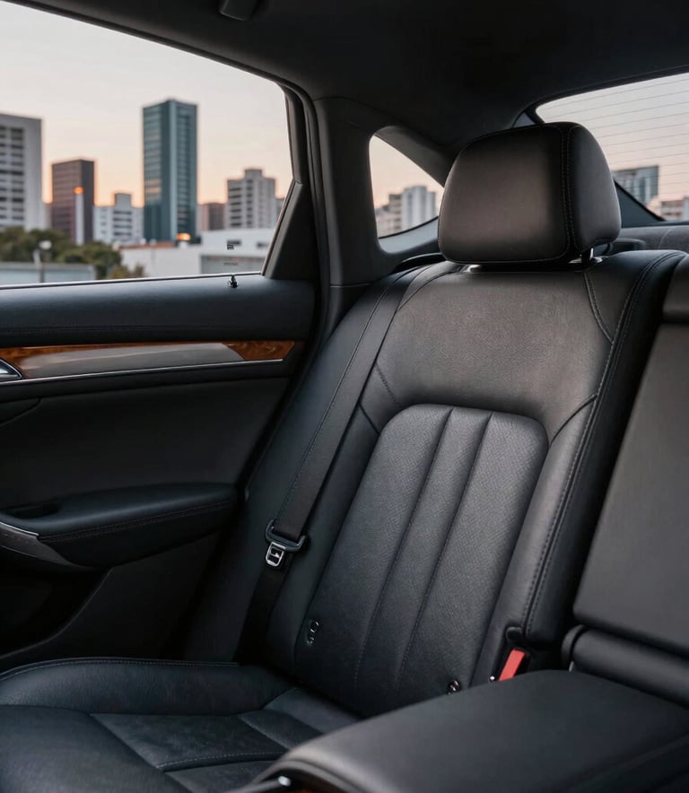 Close-up of the pristine leather interior of a high-end executive car. Soft ambient lighting highlighting the premium textures of charcoal leather and polished wood trim. View through the window of a modern South American city skyline at dusk. Professional commercial photography with a sophisticated vibe.