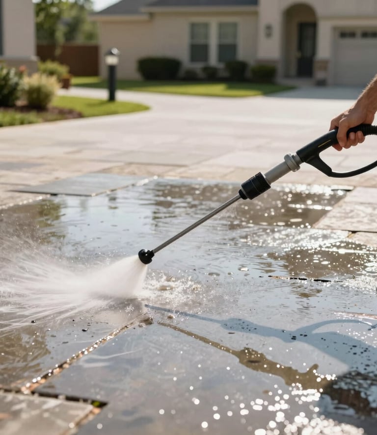A professional high-pressure washing service cleaning a modern stone driveway in a North American / US (Texas) residential neighborhood. The bright sunlight reflects off the wet surface, showcasing a clean, elegant aesthetic with dark green landscaping in the background.