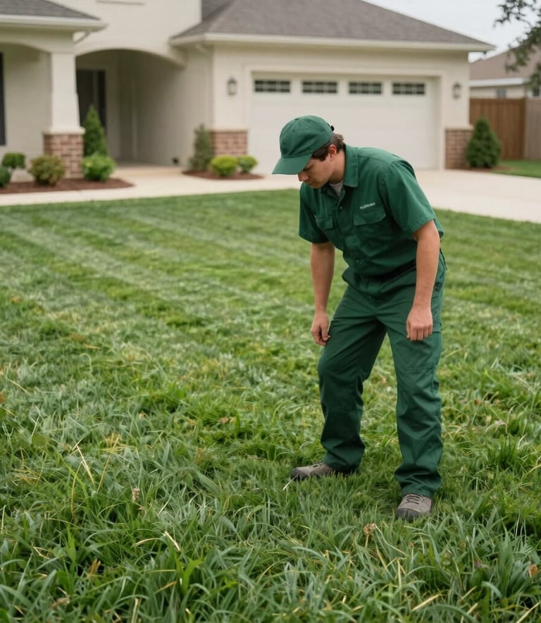 A professional landscaper in a medium green uniform inspecting a vibrant dark green lawn at a residential property in North American / US (Texas). The scene is bright and airy with natural elegance and clean lines.