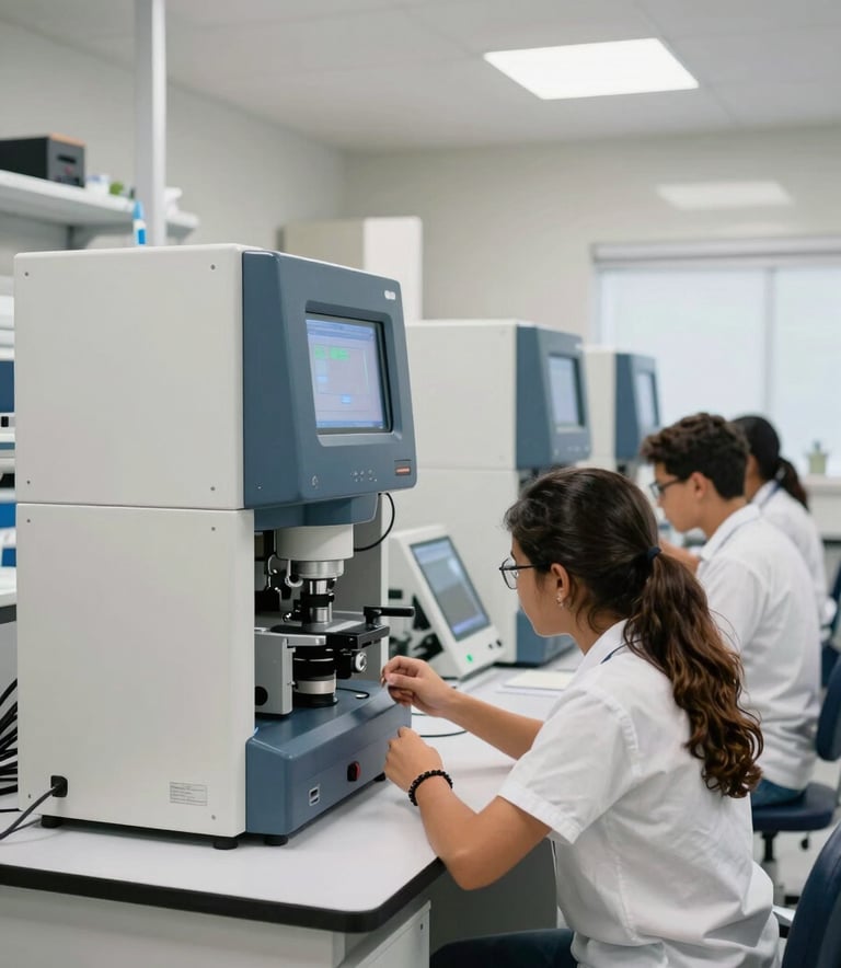 Modern technical laboratory in a South American / Brazilian educational institution, students engaged in practical learning with high-tech equipment, clean and bright atmosphere with off-white and steel blue accents, professional photography.