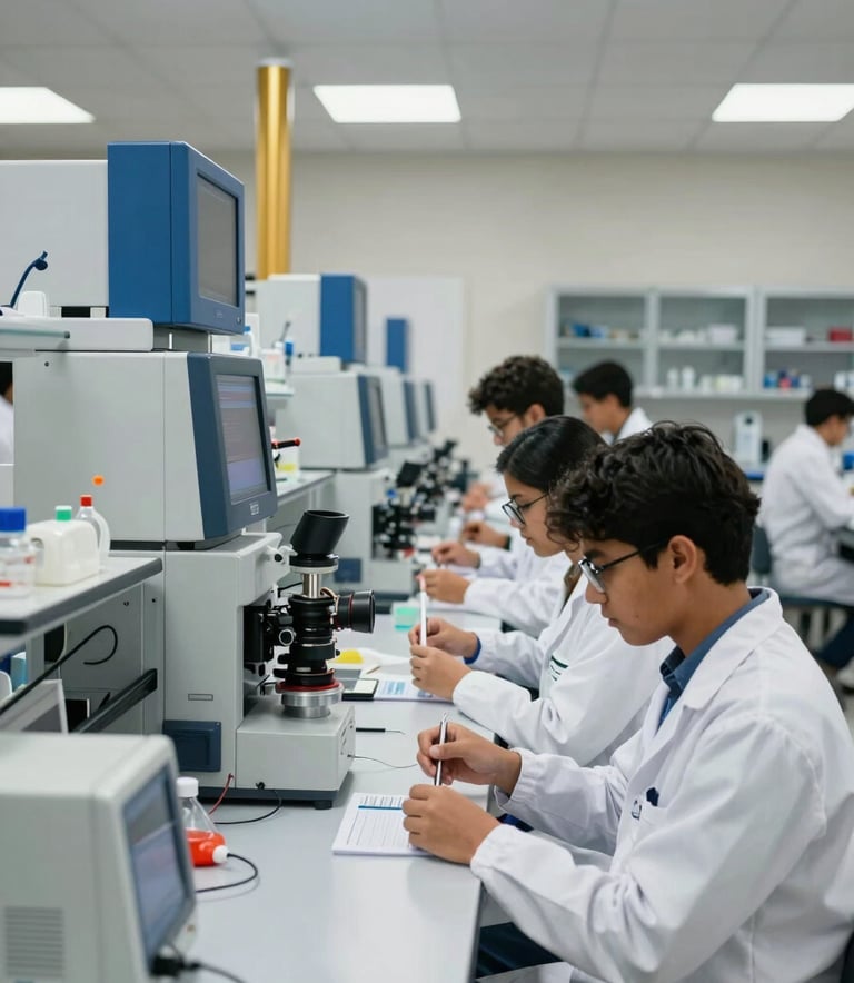 A modern South American university laboratory with high-tech equipment and students in white lab coats performing a practical exercise, bright professional lighting, with hints of steel blue and gold in the decor.