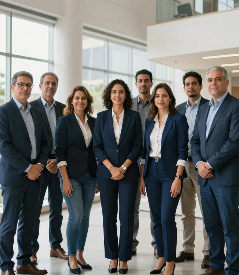 A group of professional South American / Brazilian educators and administrators, the Gavinho family team, standing in a bright, modern corporate atrium in Rio de Janeiro, soft natural lighting, steel blue and dark blue professional attire.