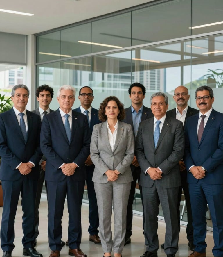 A professional group portrait of South American executives representing a legacy of 30 years in education, standing in a contemporary glass-walled office in Rio de Janeiro, natural light, business attire, conveying trust and leadership.