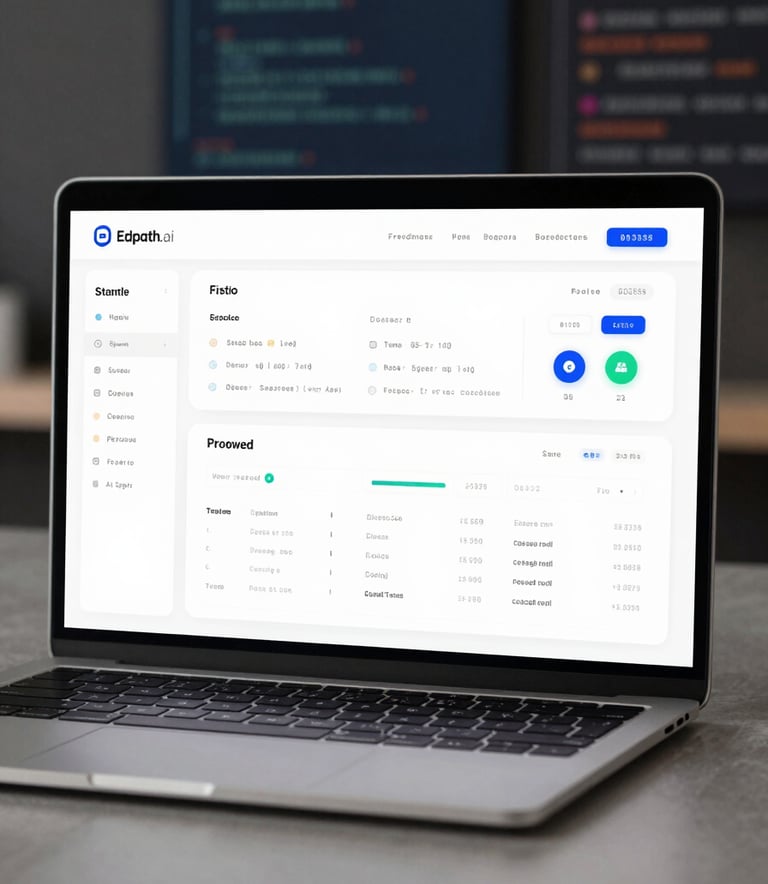 A sophisticated UI showcase of Edpath.ai on a modern laptop screen, featuring clean data visualizations and AI-driven dashboards. The lighting is focused and professional, with a background featuring soft blurs of code and tech icons in #2C3E50 and #B3A38C tones.