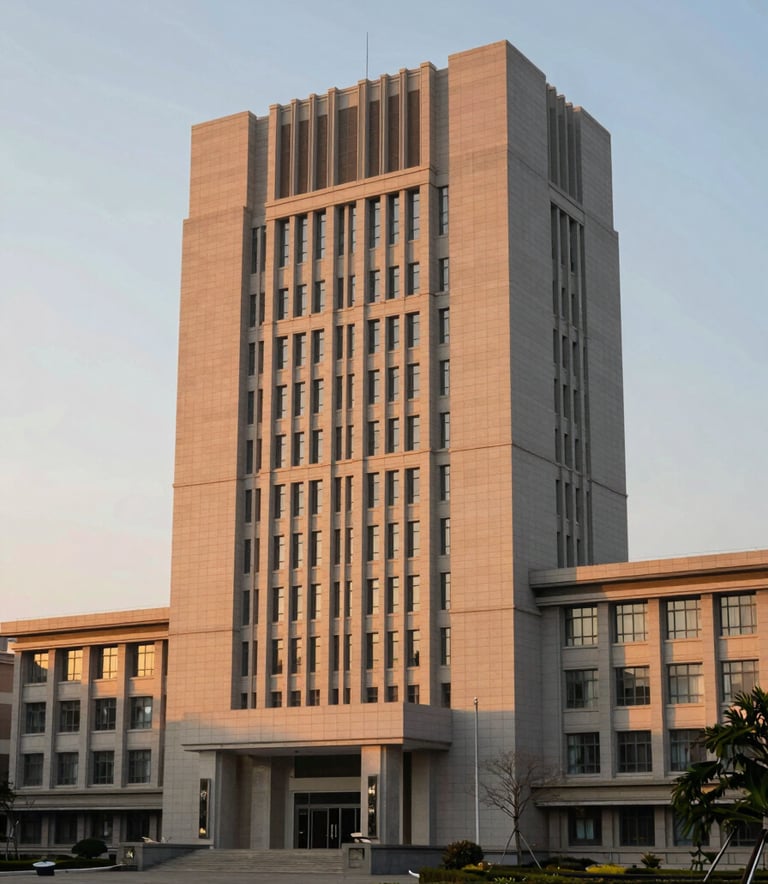 A high-quality, professional photograph of a modern university building in Taiwan during sunset. The lighting is warm and golden, reflecting the #B3A38C brand color. The style is clean and architectural, symbolizing academic growth and life in Taiwan.