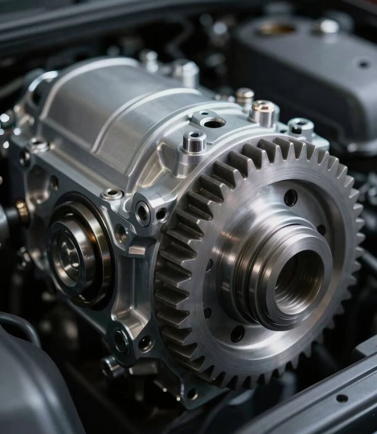 A close-up photograph of a clean, high-precision mechanical gear assembly inside a car engine, lit with cool white professional garage lighting against deep dark grey shadows.