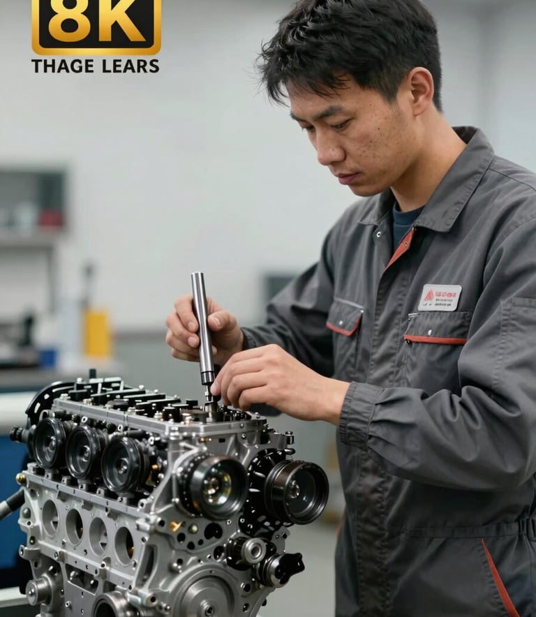 A professional portrait of a master mechanic working on a sophisticated engine, wearing clean dark grey workshop attire, soft white lighting emphasizing precision and focus.