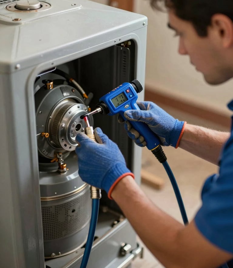 A professional HVAC technician using specialized tools to service a residential furnace system in a North American / US home basement, featuring royal blue equipment and clear lighting.