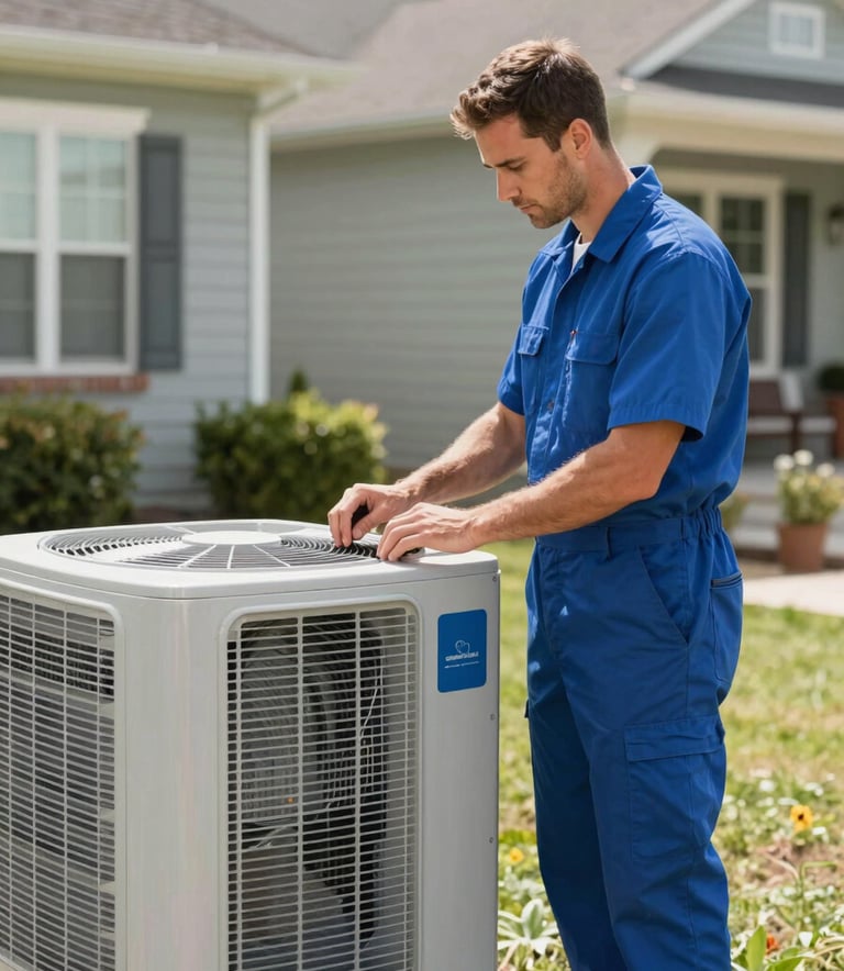 A professional HVAC technician in a clean uniform inspecting a modern outdoor air conditioning unit at a residential North American / US suburban home. The lighting is bright and natural, using a color palette of arctic mist and modern royal blue for the technician's attire and equipment.