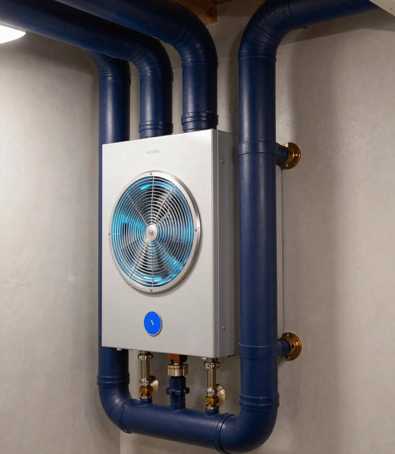 A close-up photograph of a meticulously installed modern furnace and ventilation system in a North American / US basement. The installation features clean lines and professional ductwork, highlighting navy blue accents and ice blue highlights in a well-lit utility room.