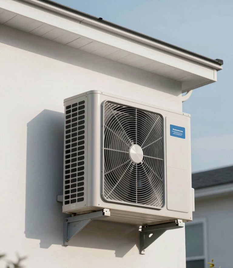 A sleek, modern external air conditioning condenser unit installed neatly against the crisp white wall of a North American / US suburban home, sky blue mist sky in background.