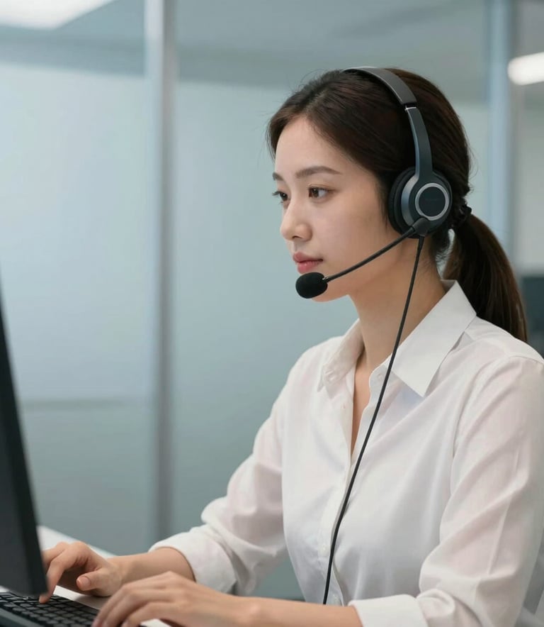 A focused call center professional wearing a high-quality headset, sitting in a modern office with light steel blue walls, South American setting, soft morning lighting, clean and professional aesthetic.
