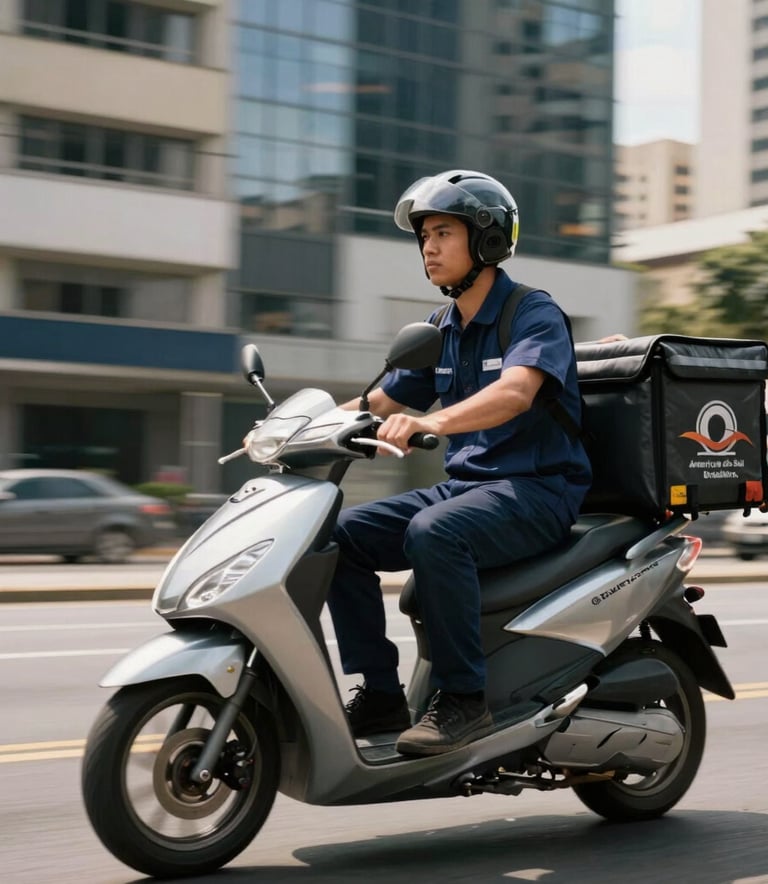 A professional delivery courier on a modern silver scooter, wearing a navy blue uniform, riding through a sunny, modern business district in Brazil. Motion blur, high-efficiency feel. América do Sul / Brasileiro.
