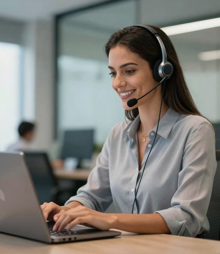 A professional female customer service representative in a modern Brazilian office, wearing a sleek headset and smiling while working at a laptop. The office has soft steel blue accents and natural light. América do Sul / Brasileiro.