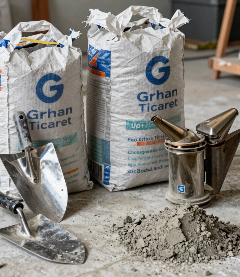 Detailed shot of various construction materials like trowels and cement bags next to a beekeeping smoker, representing the diversity of G rhan Ticaret, professional and clean lighting.