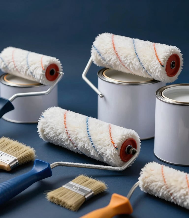 A professional close-up of premium paint rollers and brushes next to white paint cans, organized neatly on a dark blue background, soft studio lighting, Anatolian business context.
