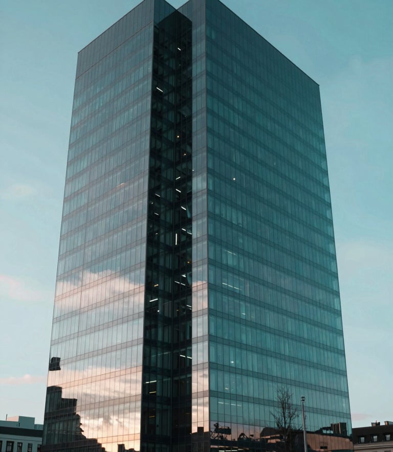 A high-end architectural view of a modern glass skyscraper in Vilnius, reflecting the sky, representing the established presence of the Bank of Lithuania and financial stability. Sophisticated lighting, incorporating deep teal and black tones in the shadows and cyan highlights on the glass.
