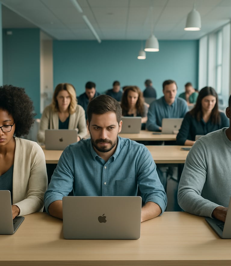 A bright, modern North American collaborative lab environment. Diverse professionals are focused on sleek silver Apple Mac laptops at long communal tables. The room is filled with soft teal and mist white accents, reflecting a high-standard professional atmosphere with natural sunlight.