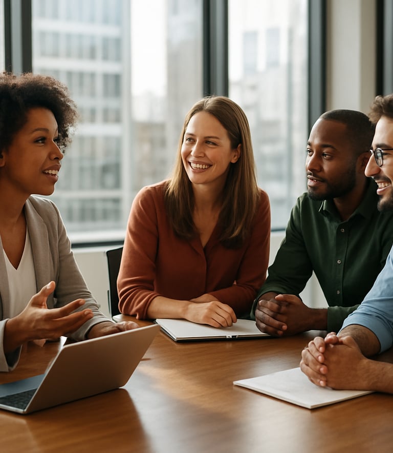 A diverse group of professional collaborators working together at a large conference table in a North American tech hub. They are engaged in an inspiring discussion, with soft natural light streaming through large windows, showcasing an inclusive and vibrant community.