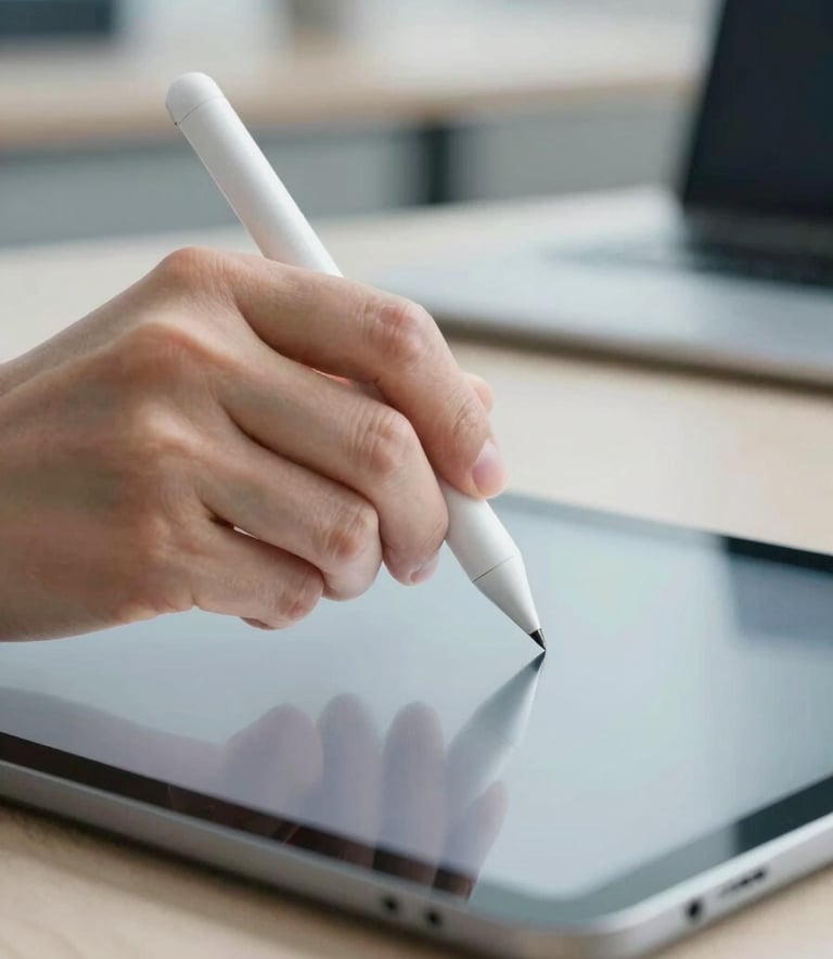 A close-up shot of a professional hand using a high-precision stylus on a modern tablet in a brightly lit office. The environment features soft blue and off-white tones, conveying a sense of technological mastery and focus.