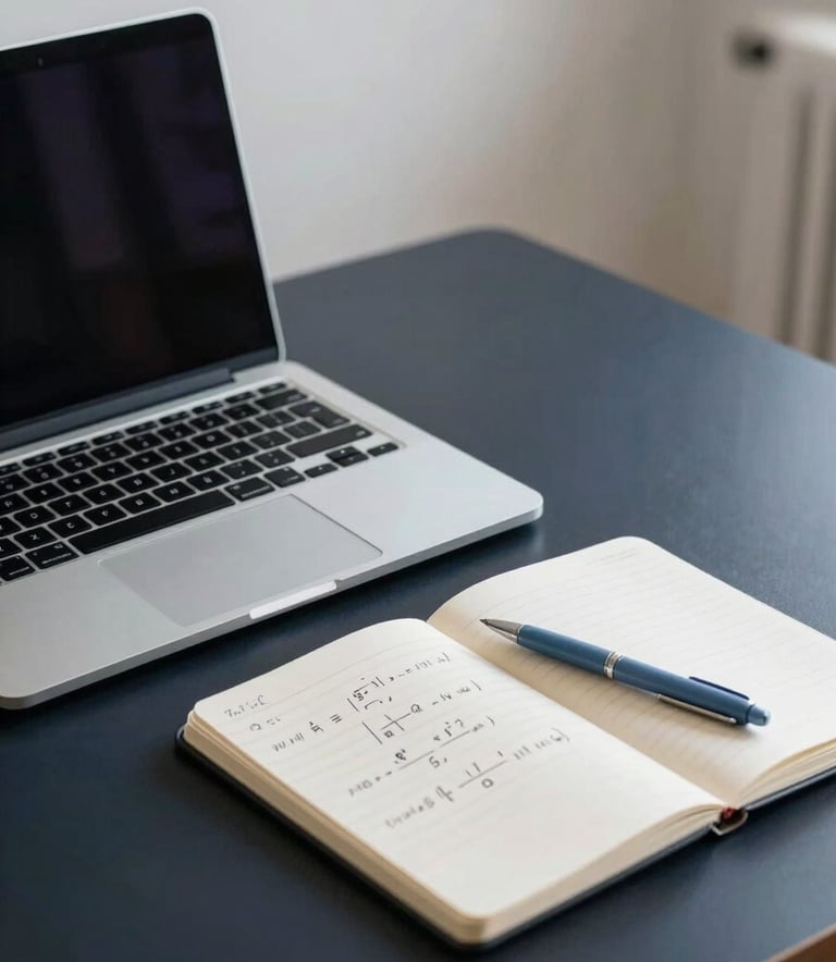 A minimalist, professional workspace featuring a sleek laptop on a dark navy desk. Beside the laptop is a notebook with neatly written formulas and a soft blue pen. The lighting is crisp and natural, highlighting a clean, intellectual atmosphere.