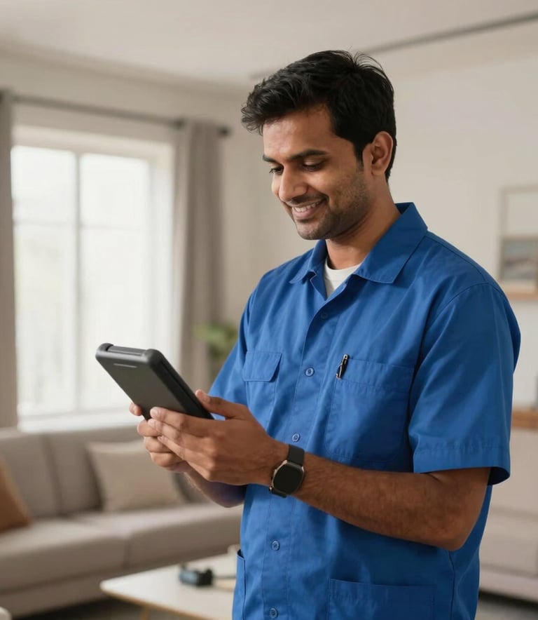 A professional South Asian / Indian technician in a steel blue uniform smiling while holding a diagnostic tool, standing in a modern, well-lit living room in Noida, soft natural lighting.