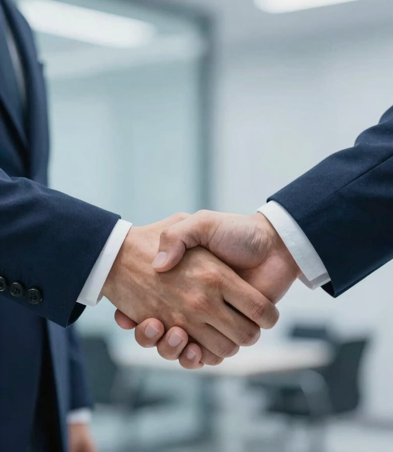 A close-up of a professional business handshake between two people in a modern office, symbolizing a partnership agreement. The lighting is clean and professional with corporate blue tones (#1C2E4A, #2E6A8A).