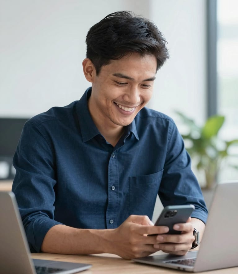 A professional Indonesian entrepreneur smiling while using a smartphone for transactions in a clean, modern workspace, soft natural lighting, incorporating the corporate brand colors #1C2E4A and #F0F4F8.