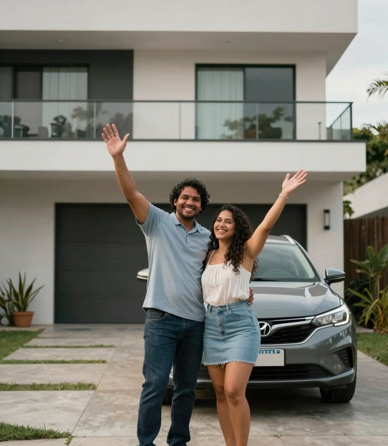 A happy South American / Brazilian couple celebrating in front of a modern house, a new car in the driveway, with a Sky Grey and Off White color palette.
