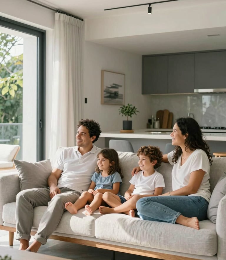 A happy family relaxing in a modern, secure South American / Brazilian home, reflecting peace of mind and financial security. The scene is bright with natural sunlight, featuring soft blue-grey and off-white mist interior accents to match the professional brand mood.