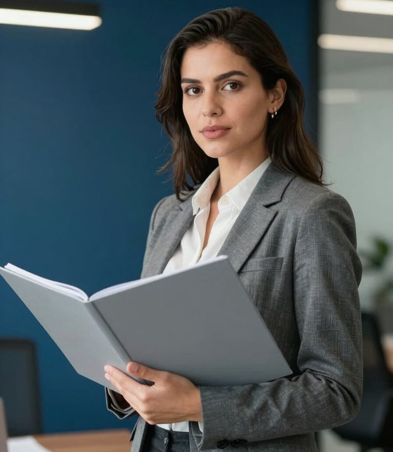 A professional South American / Brazilian woman in business attire holding a Sky Grey folder, standing in a modern Steel Blue office with a confident expression.