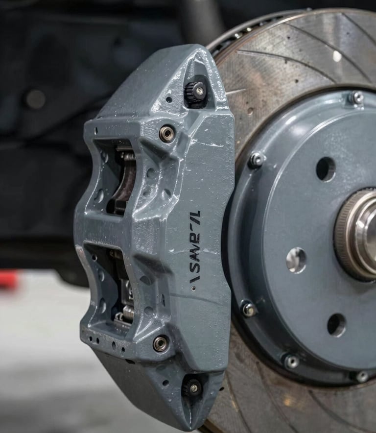 A close-up, high-detail photograph of a performance braking system featuring a slate grey caliper and metallic rotor. The shot is taken in a well-lit North American professional garage, highlighting precision engineering and cool grey tones.