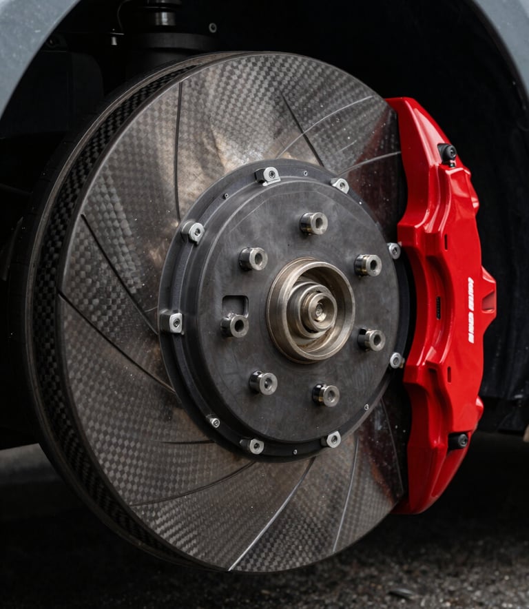 A high-performance carbon-ceramic brake rotor and bright red caliper installed on a high-end vehicle, professional studio lighting, focusing on the texture of the metal and the precision engineering in a North American setting.