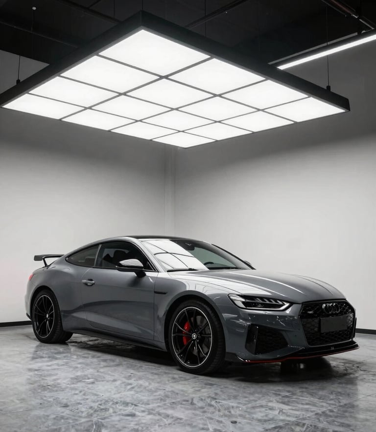 A high-end automotive detailing studio in North American / US, featuring a sleek modern car under professional LED panel lighting. The setting is clean with slate grey flooring and off-white walls, emphasizing a premium and performance-oriented atmosphere.