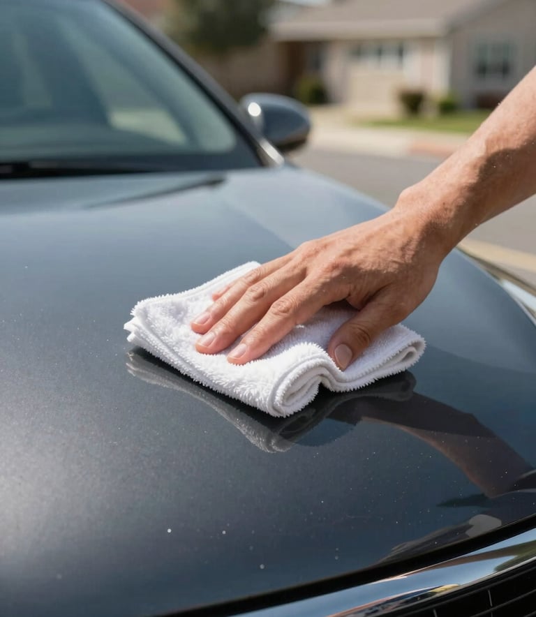 Close-up of a professional using a microfiber cloth to apply premium wax to a dark charcoal car hood, shallow depth of field, bright daylight in a North American suburban setting.