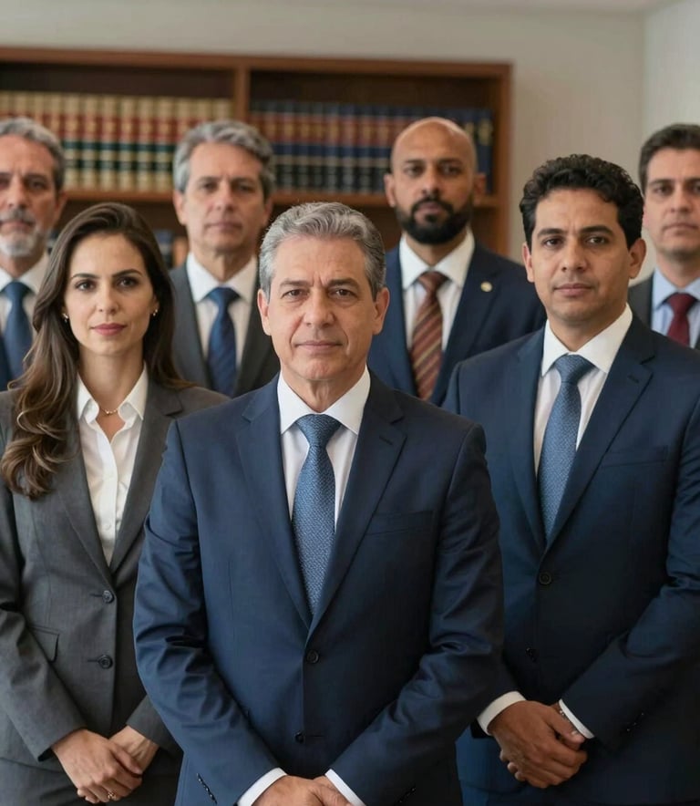 A group of professional South American lawyers, men and women in formal business attire, standing together in a light-filled office in Brazil. Confident expressions, blurred library background with legal books, palette of navy and light blue, soft natural lighting.