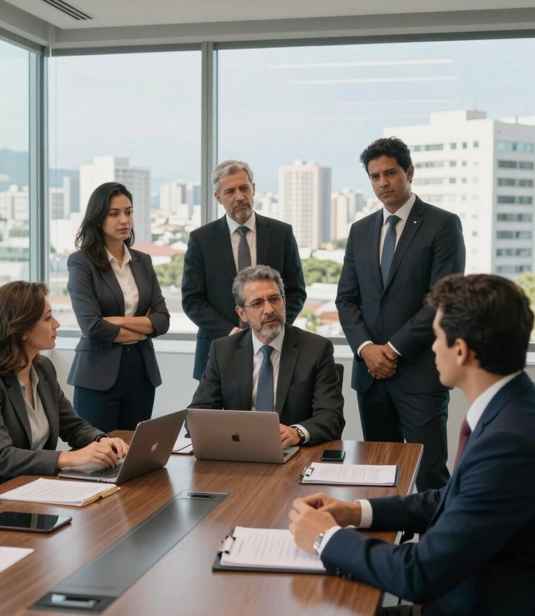 A group of professional South American lawyers in professional business attire, collaborating in a modern meeting room with glass walls, Brazilian city view in the distance, bright daylight, confident mood.