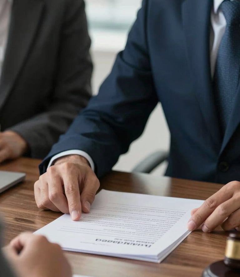Close-up of a professional legal consultation in a Brazilian office, a person in business attire pointing at a document on a polished desk, soft natural light, professional atmosphere, palette of navy and mist colors.