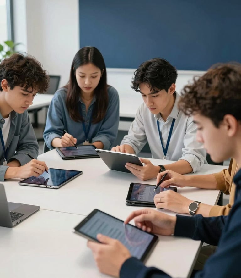 A high-energy collaborative session in a modern tech-forward classroom where learners are solving complex problems on tablets, soft white and navy blue surroundings, professional photography.