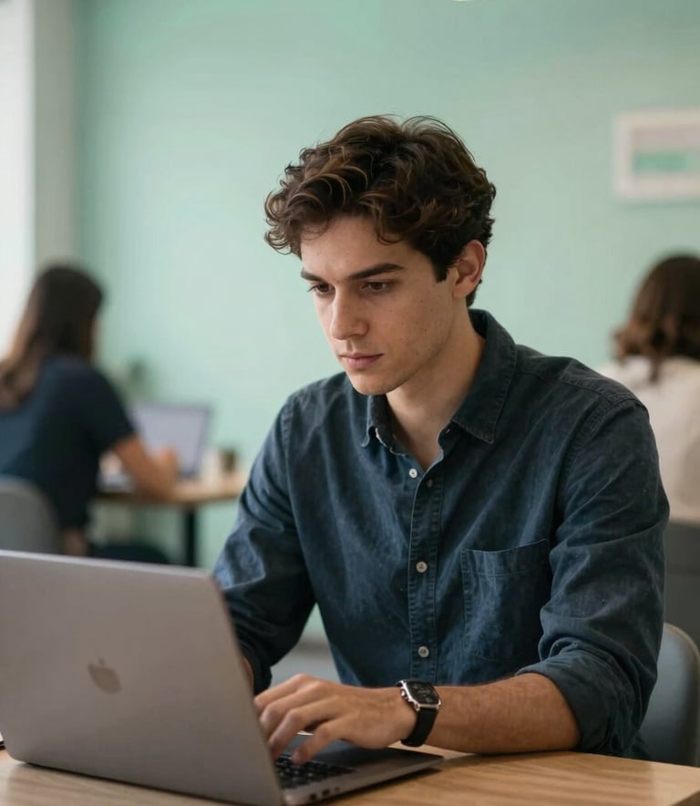 A professional in a modern coworking space using a laptop, looking focused and motivated with a backdrop of soft mint green decor. Global / English-speaking.