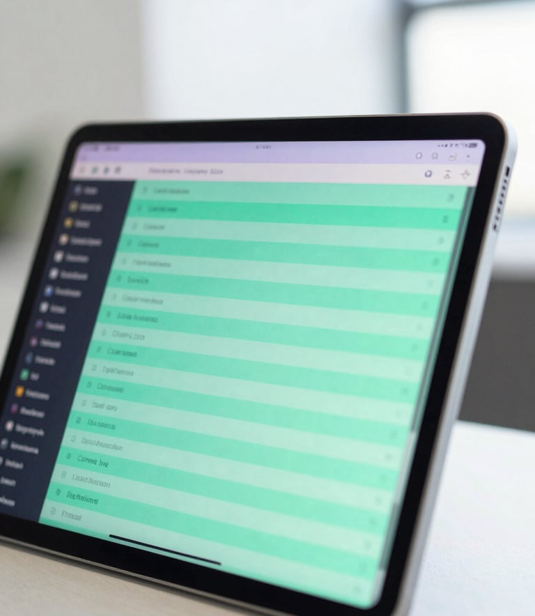 A close-up photograph of a sleek tablet screen displaying a vibrant digital leaderboard with glowing mint green and soft purple highlights in a modern, bright office setting. Global / English-speaking.