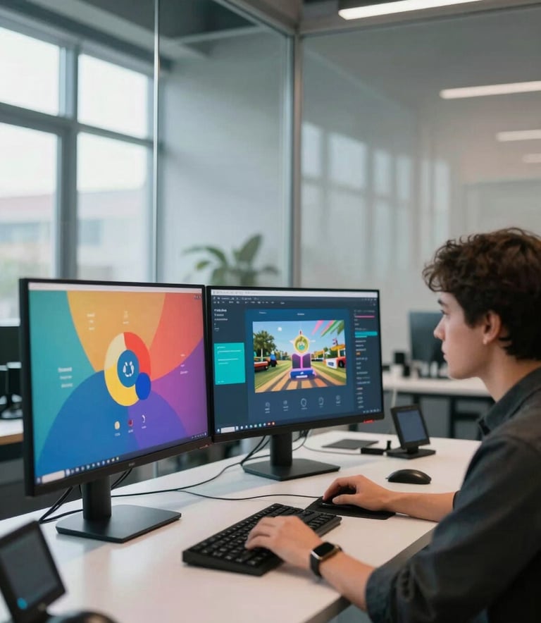 Professional photography of a specialist in a sleek, modern English-speaking studio with glass walls, designing vibrant digital learning environments on multiple high-resolution monitors, soft daylight, professional atmosphere.