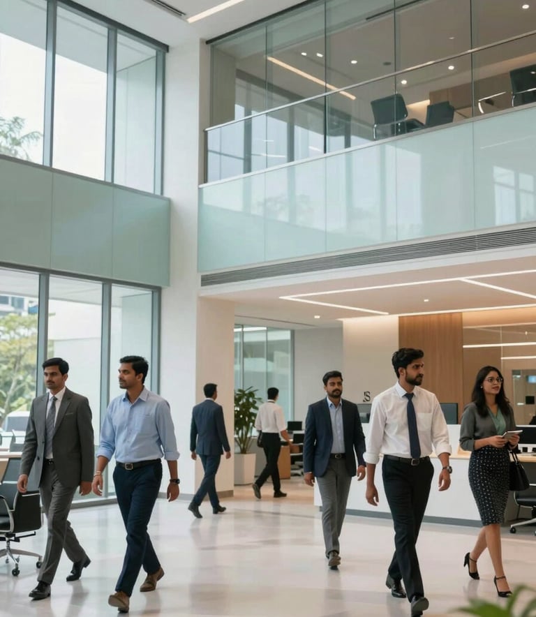 Modern office interior in Chennai, showing a sleek lobby with glass walls and light blue accents. Professional South Asian / Indian employees are seen walking through the bright, corporate space.
