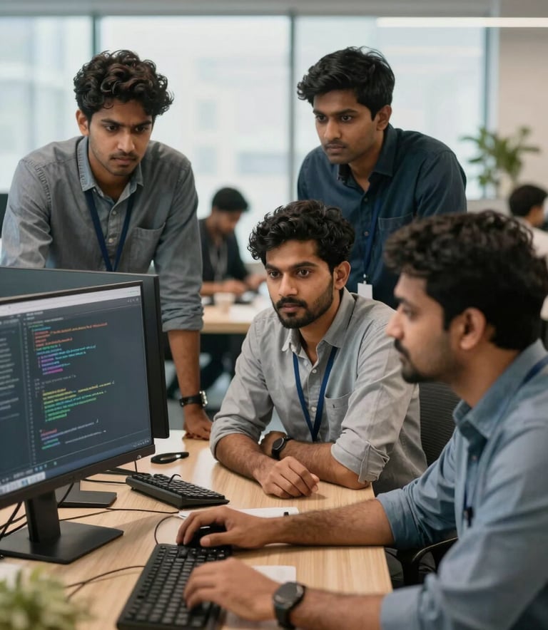 A group of South Asian / Indian software developers collaborating in a modern IT park meeting room. They are looking at a code-filled monitor with a professional and focused atmosphere, soft daylight lighting.
