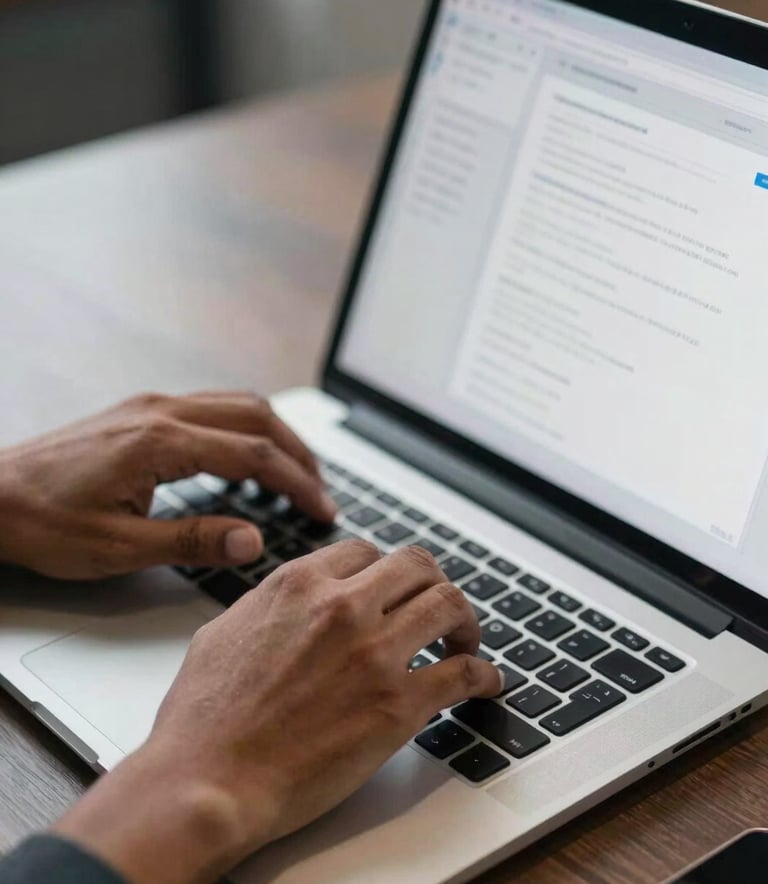 Close-up photography of a software developer's hands, a South Asian professional, typing on a modern laptop in a sleek office, focus on the screen showing a clean user interface.