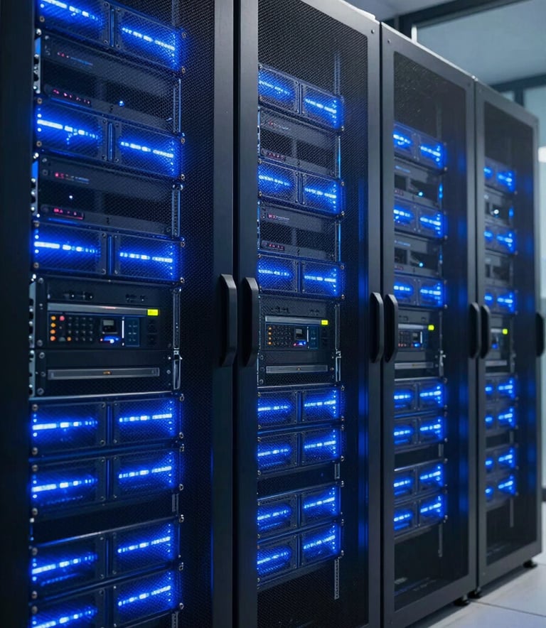 A high-tech server room with glowing deep blue lights on server racks, emphasizing modern cloud infrastructure and secure data management, corporate atmosphere.